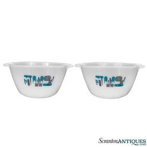 Mid-Century Modern Atomic White & Turquoise Kitchen Mixing Bowls - A Pair - Picture 1 of 7