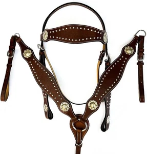 Western Leather Hand Tooled Headstall and Breast Collar Set with Reins - Picture 1 of 7