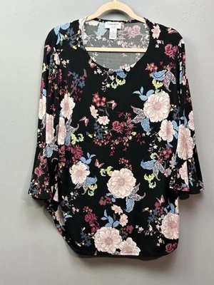 Camisa Carmen Marc Valvo Mujer 1X Negra Floral Manga Campana Elastizada Top Blusa Foto 1 de 4