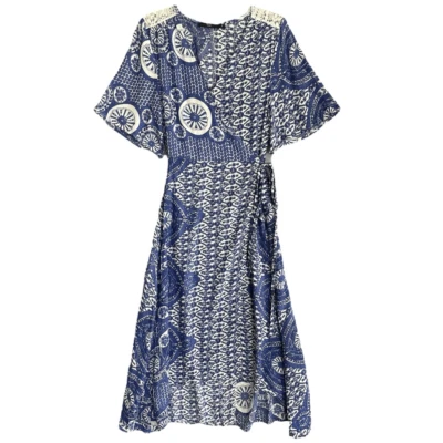 Hazel Summer Wrap Dress Womens Small Blue White Midi Chinoiserie Dainty Romantic - Image 1 of 4