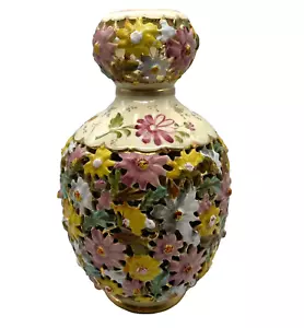 Rare Antique Fischer Budapest Reticulated Floral 3D Embossed Vase Art Pottery - Picture 1 of 14