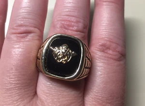 Vintage 18K HGE Gold Plated Shriner Black Mens Ring Size 12 NOS - Picture 1 of 12