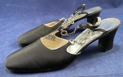 Zapatos Evins Negros Peau De Soie Estrás Cadena Eslabón Correa Eslinga Trasera Talla 8.5 De Colección Foto 1 de 4