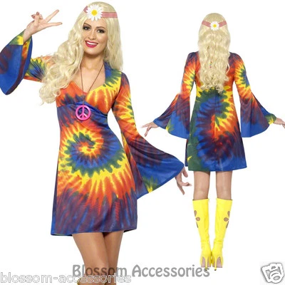 Damas Tie Dye 1960s Hippy Disfraz Mujer 60s 70s 1970s Go Go Hippie Vestido Elegante Foto 1 de 4