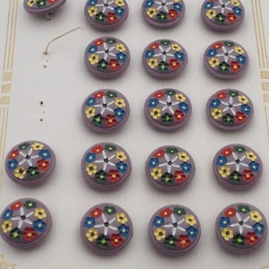 Card (22) Czech vintage hand painted flower grey green glass buttons 13mm - Picture 1 of 3