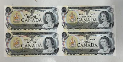 Hoja de 4 billetes de dólar de Canadá 1973 sin cortar Foto 1 de 4