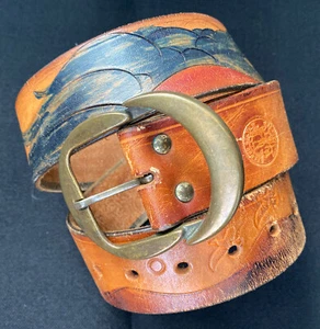 Vintage Folk Gürtel Messing Schnalle echt braun Leder handgefertigt Damen klein verziert - Bild 1 von 19