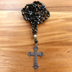 32" Handmade Hand Knotted Beaded Faceted Green Tourmaline Necklace Artisan Cross - Picture 1 of 8