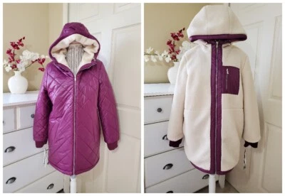 Abrigo acolchado verde con ENVY para mujer púrpura ciruela reversible Sherpa con capucha cremallera talla L Foto 1 de 4