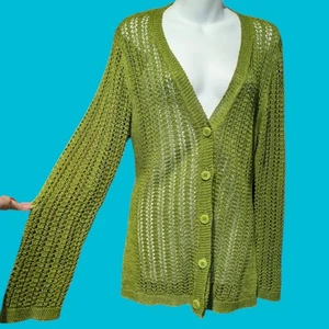 LAFAYETTE 148 NY Earthy Hemp Moss Green Open Knit Midi Cardigan Sweater M L 2D - Picture 1 of 13