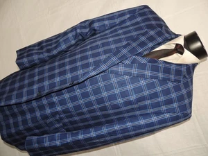 Statement Italy Men's Blue Windowpane 3 Piece suit jacket vest pant size 48 Long - Picture 1 of 14