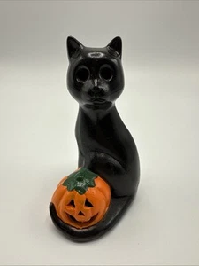 Gatto nero in ceramica Halloween vintage con portacandele zucca 5,5" - Foto 1 di 10