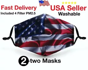 2er Pack Amerikanische Flagge Gesichtsmaske Wiederverwendbar Waschbar mit Filtertasche für Schule - Bild 1 von 10
