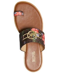 Michael KORS TRACEE BROWN SIGNATURE MK GOLD LOGO TOE LOOP SANDALS 9 I LOVE SHOES - Picture 1 of 5