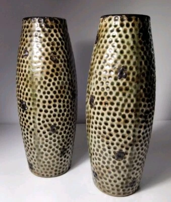 Unique Decorative 2 Dimpled Terracotta Vases  Olive With Brown & Black  11 1/2" - Image 1 of 4