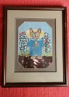 Vintage Needlepoint Cat Dressed in Clothes Hat Flowers Frame Glass 13 x 11"