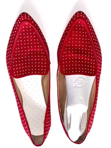 Women's Red Shoes Size: 9.5M  Silver Studded in Faux Suede Slip-On Loafers - Picture 1 of 9
