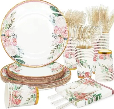 Suministros florales para fiestas platos de papel de ducha nupcial y juegos de servilletas para 24 invitados Foto 1 de 4