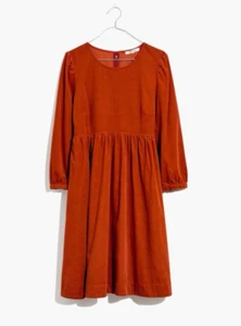 Madewell Corduroy Puff Sleeve A Line Dress Womens M Knee Length Orange Rust - Picture 1 of 7