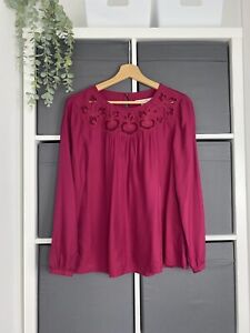 Boden Silk Mix Tunic Blouse Top Size 12 Cerise Embroidered Long Sleeve Occasion