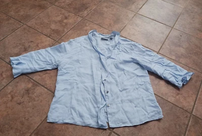 Nordstrom 100% 亚麻 L 蓝色荷叶领隐藏纽扣衬衫 3/4 袖 — 第 1/4 张图片