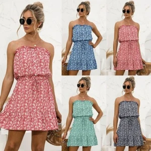 Women Holiday Strapless Boob Tube Bandeau Top Summer Mini Beach Dress UK - Picture 1 of 7