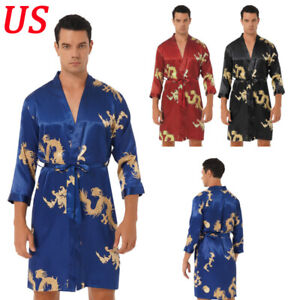 US Mens Dragon Printed Satin Robe Set Silk Kimono Bathrobe with Shorts Nightgown