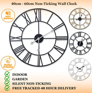 Large Wall Clock Indoor Outdoor Silent Roman Numerals Skeleton Clock Home Garden - Picture 1 of 16