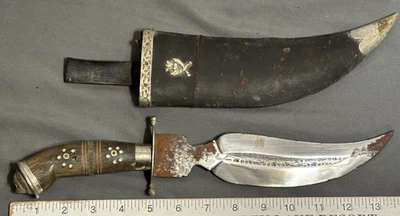CUCHILLO DAGA GURKA KUKRI MANGO CUERNO ASIÁTICO SUDESTE ASIÁTICO INDIO funda de cuero de madera Foto 1 de 4