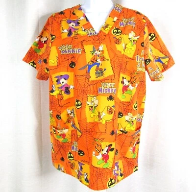 Disney HALLOWEEN Scrub Top Trickey Mickey Witchie Minnie Size M Orange Mouse - Image 1 of 4