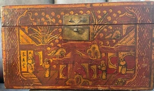 Antica scatola cinese in legno laccato rosso e oro dipinta a mano dinastia Qing - Foto 1 di 10