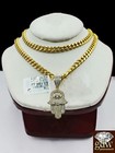 Real 10k Yellow Gold Natural Diamond Hamsa Hand Charm with 22" Cuban Link Chain