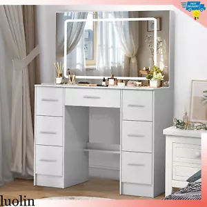 LED Vanity Set With Lighted Mirror Bedroom Dressing Desk Makeup Table 7 Drawers - Picture 1 of 9