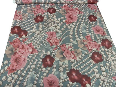 Stoff Ital. Designer Jersey Blumen Rosen Perlen rosa rotbraun taupé grau beige - Bild 1 von 4