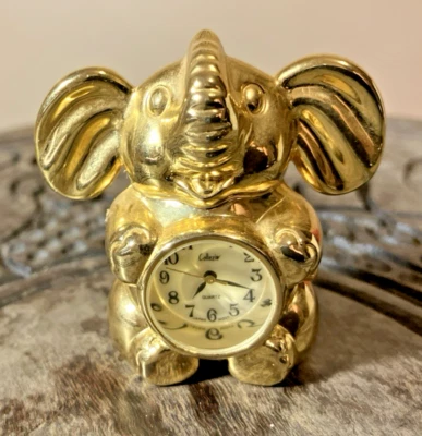 Mini Elephant Fashion Desk Clock Collezio Quartz Gold Finish Analog Heavy Brass - Image 1 of 4
