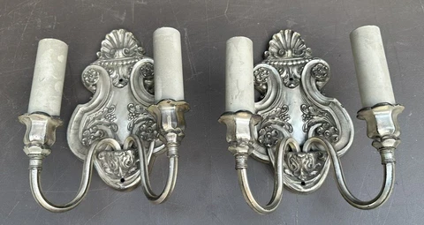 Pair of Vintage Antique Victorian Cast Metal Double Light Wall Sconces Lamps Cover