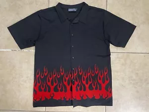 90s Y2K Flames Button Up Shirt XL Short Sleeves Black Gray Pocket Point Zero - Picture 1 of 4