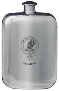 Frasco de bolsillo para cadera Fleming Family Crest Design 6 oz peltre pulido redondeado - Imagen 1 de 1