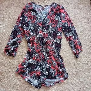 H&M Black Red Floral Short Jumpsuit 2 Pockets Drawstring Front Hook & Eye Eur 40 - Picture 1 of 11