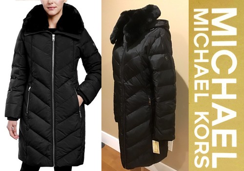 Cappotto nero nuovo con etichette Michael Kors collo in pelliccia sintetica rimovibile nuovo con etichette taglia XL