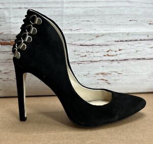 BCBG Crucial Black Suede Leather Pump Shoe Heel 5.5 M Gold Accents 4" Stiletto