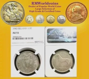 Ireland 1943 Half Crown Rare KeyDate, NGC AU 55++, High Grade, 500 pcs Est. - Picture 1 of 5