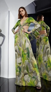 NWT $995 Halston Jen Jersey V-Neck Draped Gown Tropical Orchid Print 8 - Picture 1 of 10