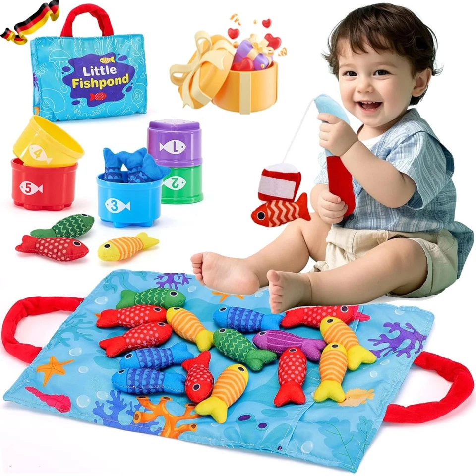 MARKENLOS 2 in 1 Montessori Spielzeug ab 1 2 Jahr, 22-Teiliges Set Angelspiel, Fische HOT!