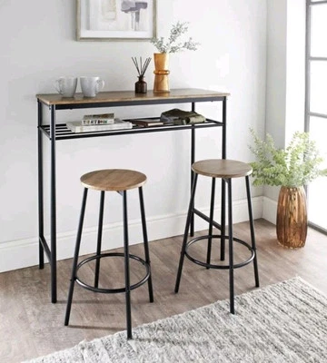 Rustic Oak 3pc Breakfast Bar Table Stools Set Dining Table Kitchen Dining Bar  - Image 1 of 4