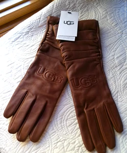 GUANTES UGG LOGO CUERO FRUNCIDO CASTAÑO NUEVOS CON ETIQUETAS TALLA L PANTALLA TÁCTIL COMPATIBLE $120 - Imagen 1 de 6