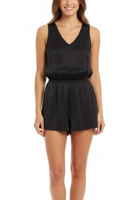 Romper Karina Grimaldi Feminino Preto 100% Seda Surplice Frontal Sem Mangas Tamanho P - Imagem 1 de 4
