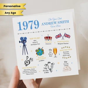 Tarjeta de cumpleaños 46 personalizada hombres 1979 datos del año de nacimiento hijo hermano amigo él - Imagen 1 de 2