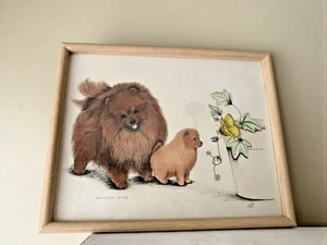 Pomeranian Mama & her Puppy Unique Art by Judy Young 12x15 Framed ❤️tb - Picture 1 of 9
