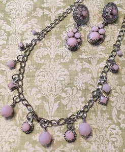 Zander Elliot Rhodium Plated Pink Crystal Necklace & Earrings Set - Picture 1 of 6